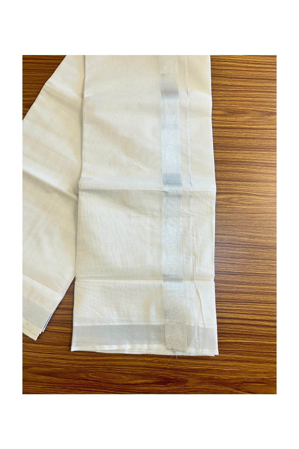 10% DISCOUNT ! KaithariKada Balaramapuram 100%  Cotton Double Off white (Unbleached) Mundu/Dhoti-100X100 - 2.25 INCH SILVER KASAVU Kara - 32KK78PMC