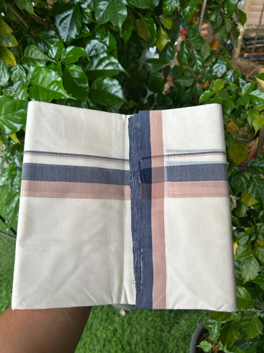 25% DISCOUNT!! KaithariKada HANDLOOM  UNAKKUPAAV Balaramapuram - 100% PURE Cotton OFF White - (Unbleached) Double Mundu/Dothi - 100 x 80 - 1.5 inch Green Black Gold Kasav Kara 4 meter - 34 KK5249 REA
