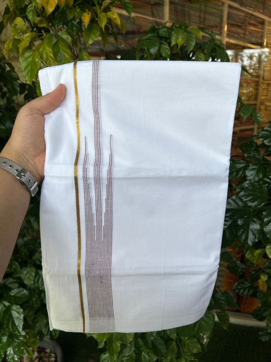 24% Discount! KaithariKada Balaramapuram 100% Cotton Pure white Double Mundu/Dhoti - (100x80)s - 1.5 inch Puliyilakkara Brown Stripes Chutty Gold Kasav - 33 KK5258 THI