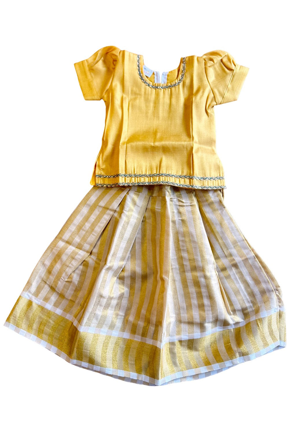 Midukki-Traditional South Indian Kids Pattu Pavada-  Yellow tissue top stripped tissue skirt- Age 3 - KK3MID0033