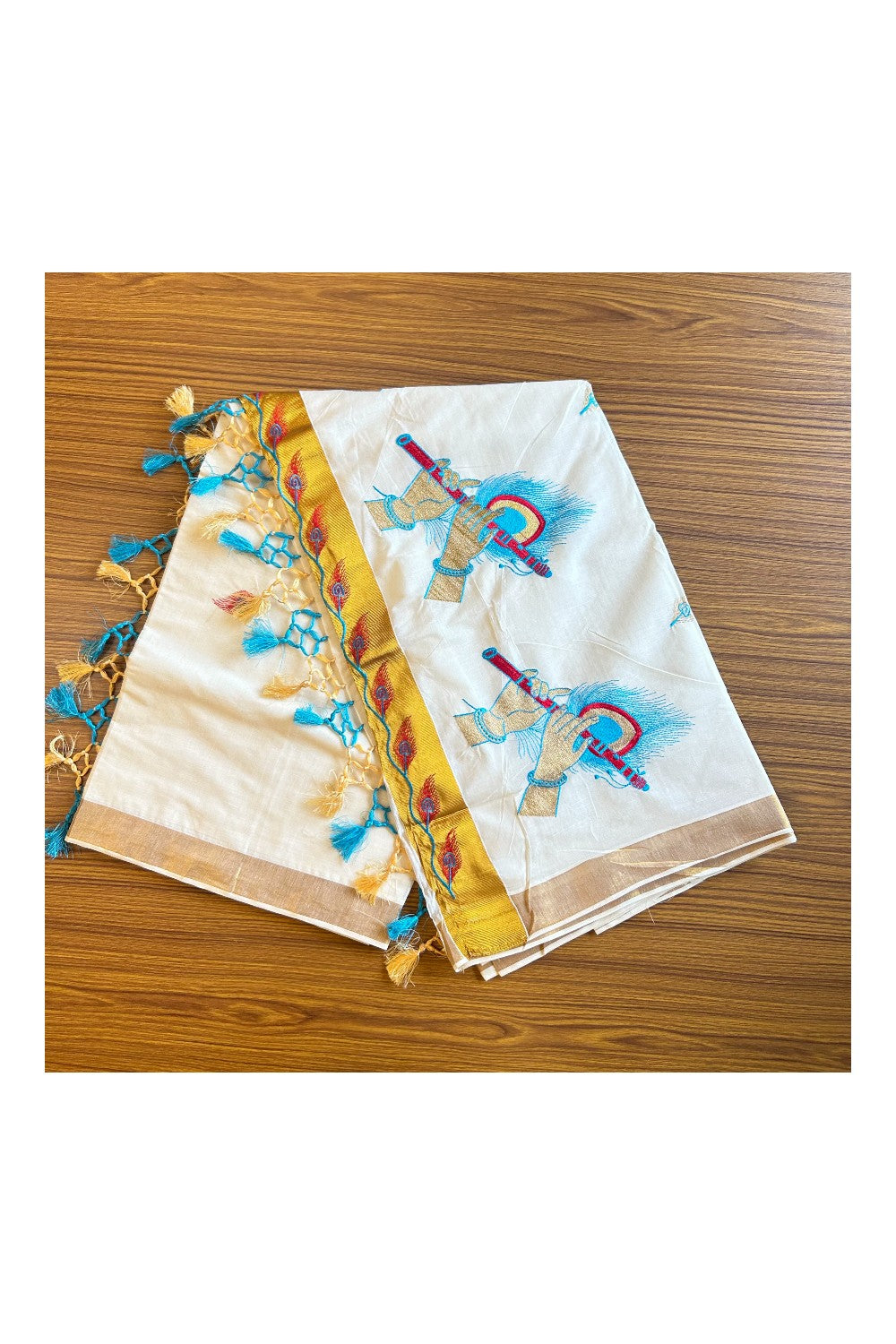25% Discount! Kaitharikada Kerala Cotton Saree Off white - 12 inch Kasavu Zari with Red & Blue Flute Embroidery Pattern Design- 33KK303VIN