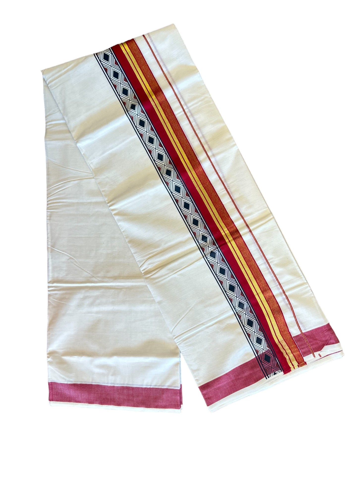30% Discount !! KaithariKada Balaramapuram 100% Cotton Double Off white - (Unbleached)  Mundu/Dhoti-80x72- 3.25Inch Kasavu & Red Black pattern printed kara - 33KK416VIN