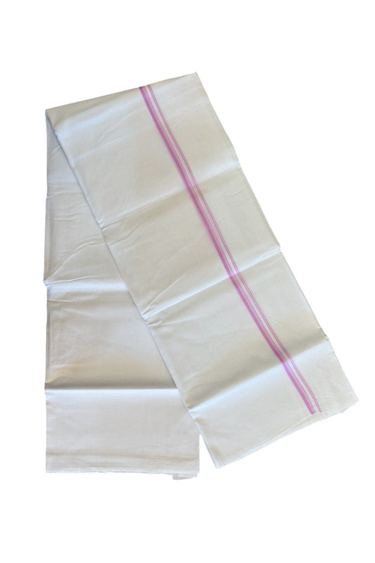 26% DISCOUNT ! KaithariKada Balaramapuram 100% Cotton Double Pure white Mundu/Dhoti-100X100 - Light Pink & Stripes 0.75 inch Kara.- 37KK487KK