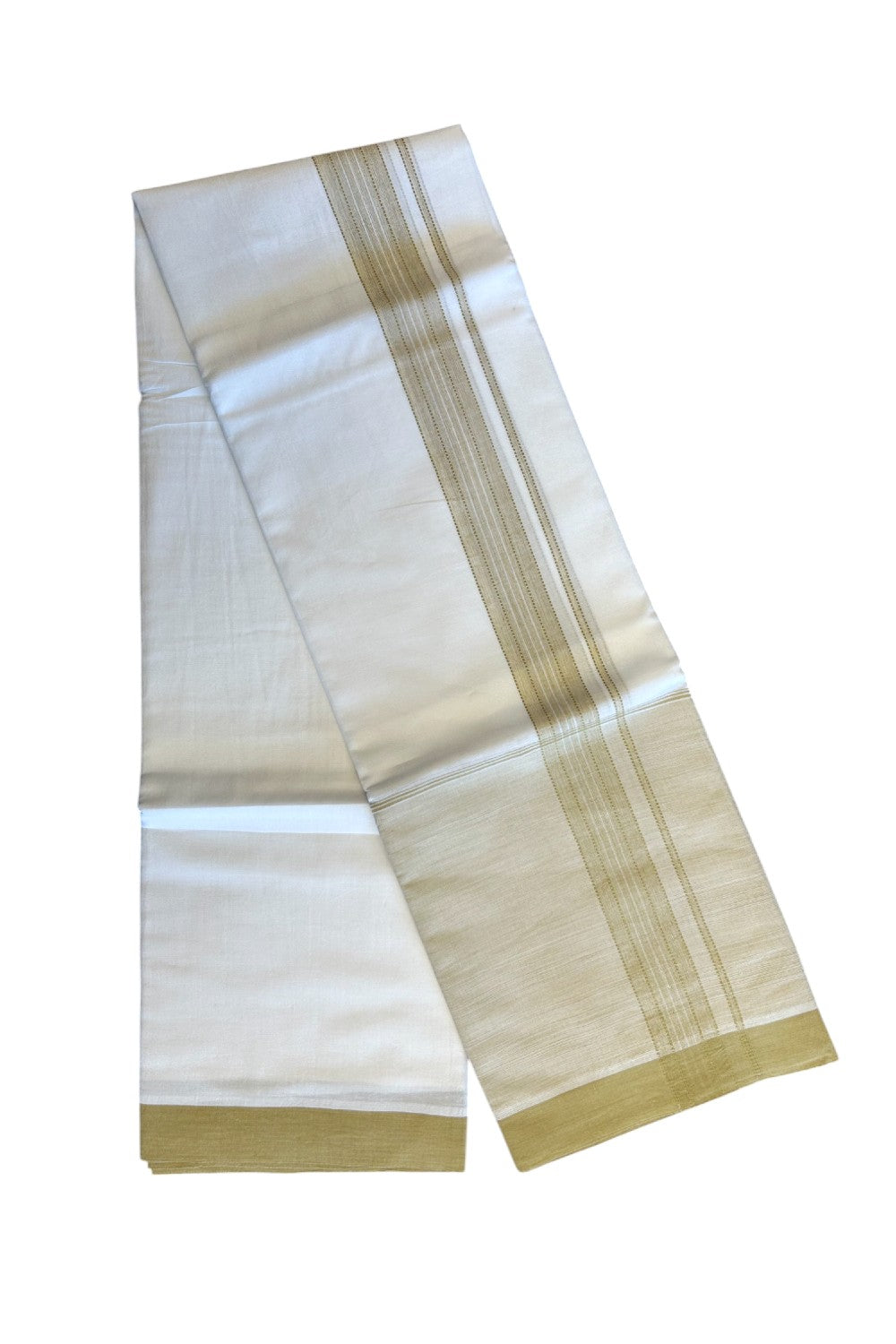 15% DISCOUNT!! Kaitharikada Balaramapuram 100% Cotton PURE WHITE Double Mundu/Dothi-100x100 - 2 Inch Light Yellow Striped Cotton Kara 3.75m (8 Muzham) - 33KK5067KK