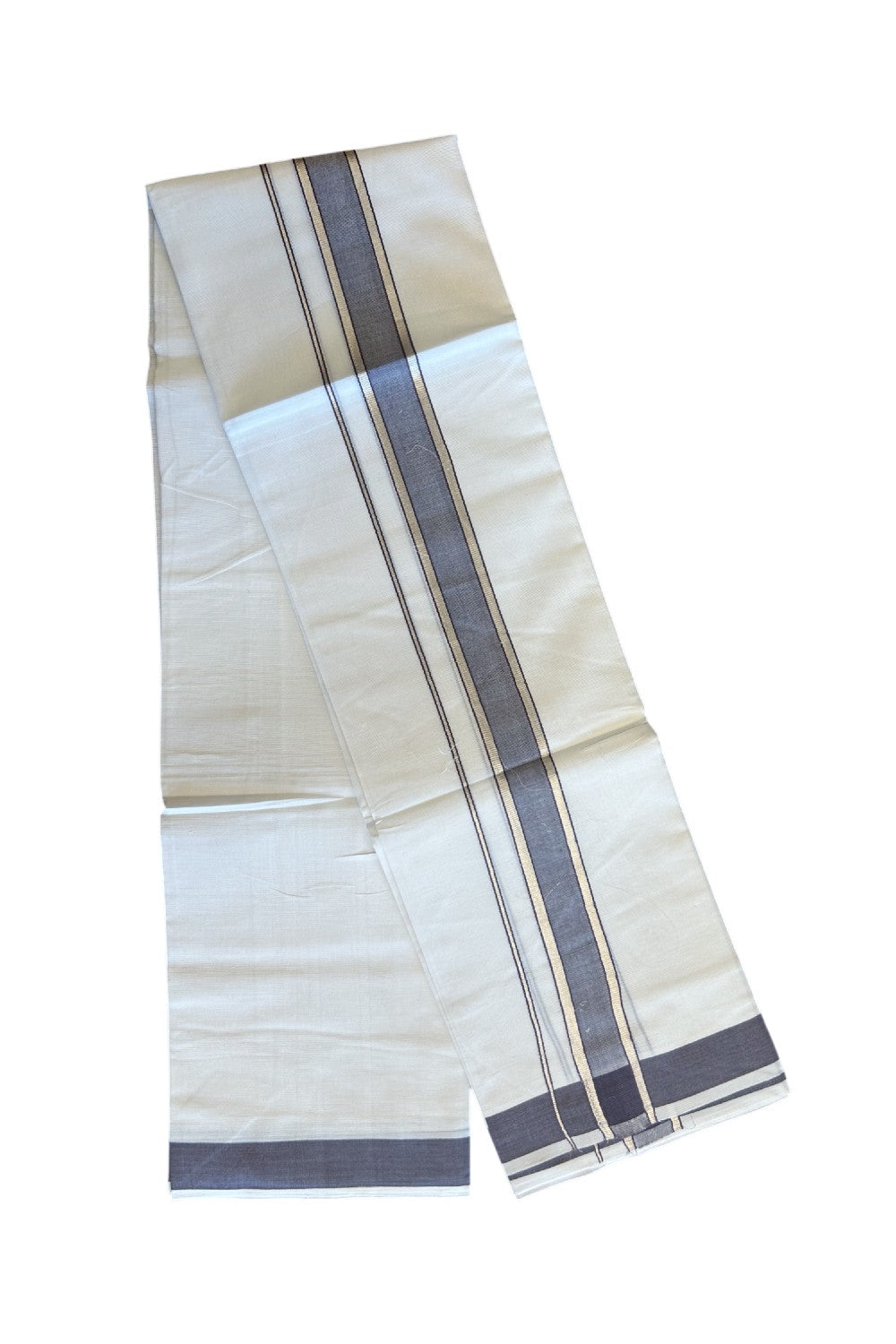 20% DISCOUNT! KaithariKada Balaramapuram 100% Mercerised Cotton Double ULTRA PURE white Mundu/Dhoti - 100x100  2.25 inch Silver Kasavu & Ash purple Kara - 33KK5108GAN