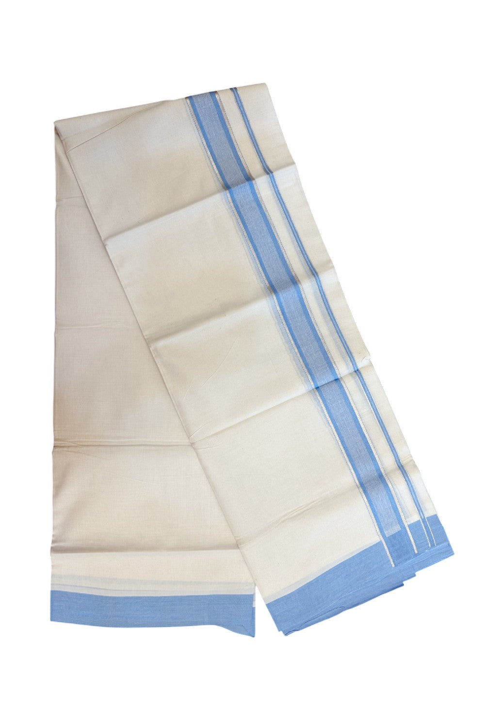 20% DISCOUNT !! KaithariKada Balaramapuram 100% Pure Cotton Double Off white - (Unbleached) Mundu/Dhoti-100x100 - 1.5 inch Puliyilakkara Silver Kasavu Light Blue Shaded Stripes Kara - 32KK5186CKS