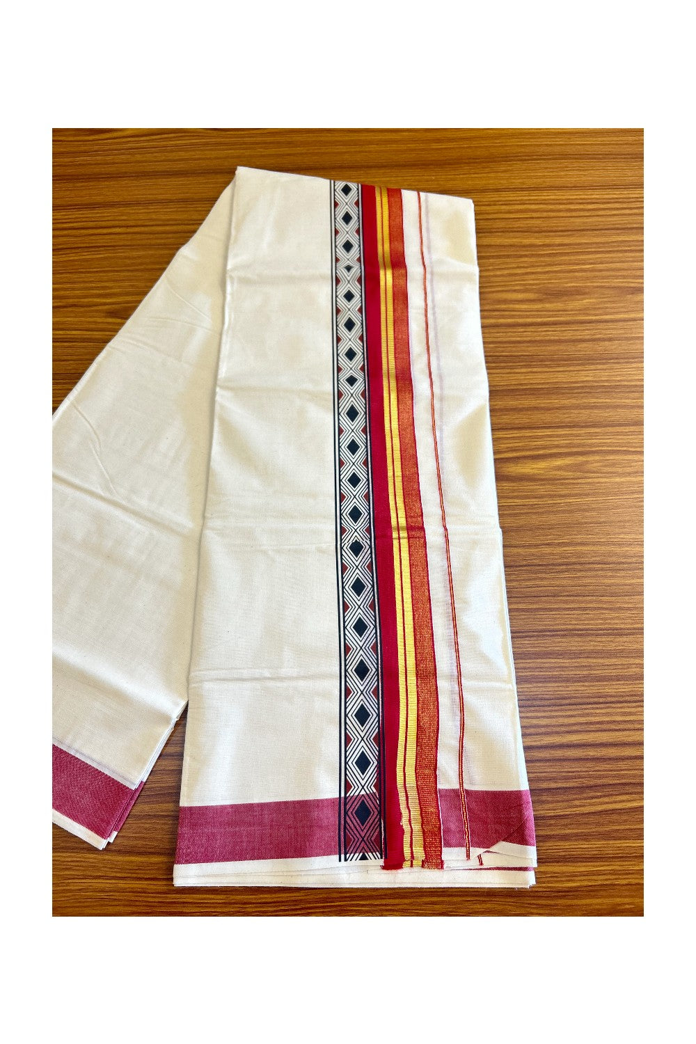 30% Discount !! KaithariKada Balaramapuram 100% Cotton Double Off white - (Unbleached)  Mundu/Dhoti-80x72- 3.25Inch Kasavu & Red Black pattern printed kara - 33KK416VIN