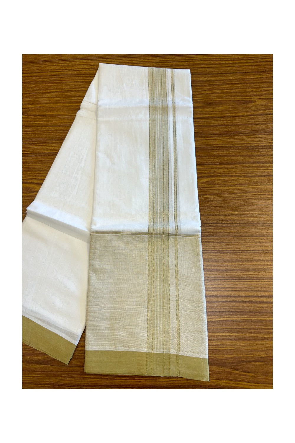 15% DISCOUNT!! Kaitharikada Balaramapuram 100% Cotton PURE WHITE Double Mundu/Dothi-100x100 - 2 Inch Light Yellow Striped Cotton Kara 3.75m (8 Muzham) - 33KK5067KK