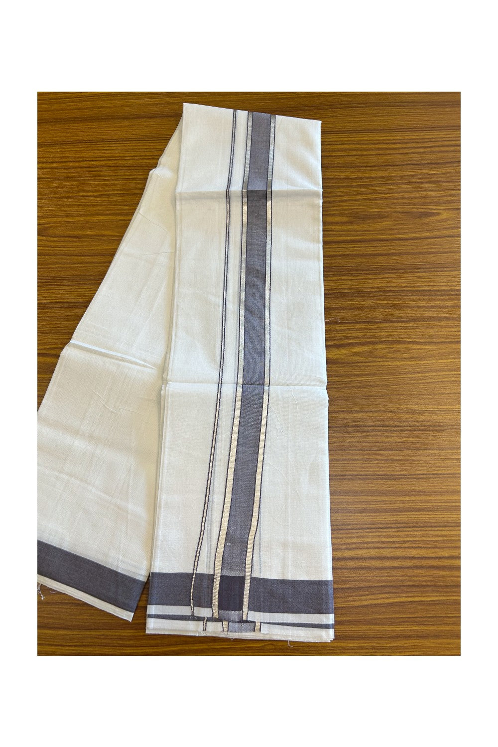 20% DISCOUNT! KaithariKada Balaramapuram 100% Mercerised Cotton Double ULTRA PURE white Mundu/Dhoti - 100x100  2.25 inch Silver Kasavu & Ash purple Kara - 33KK5108GAN