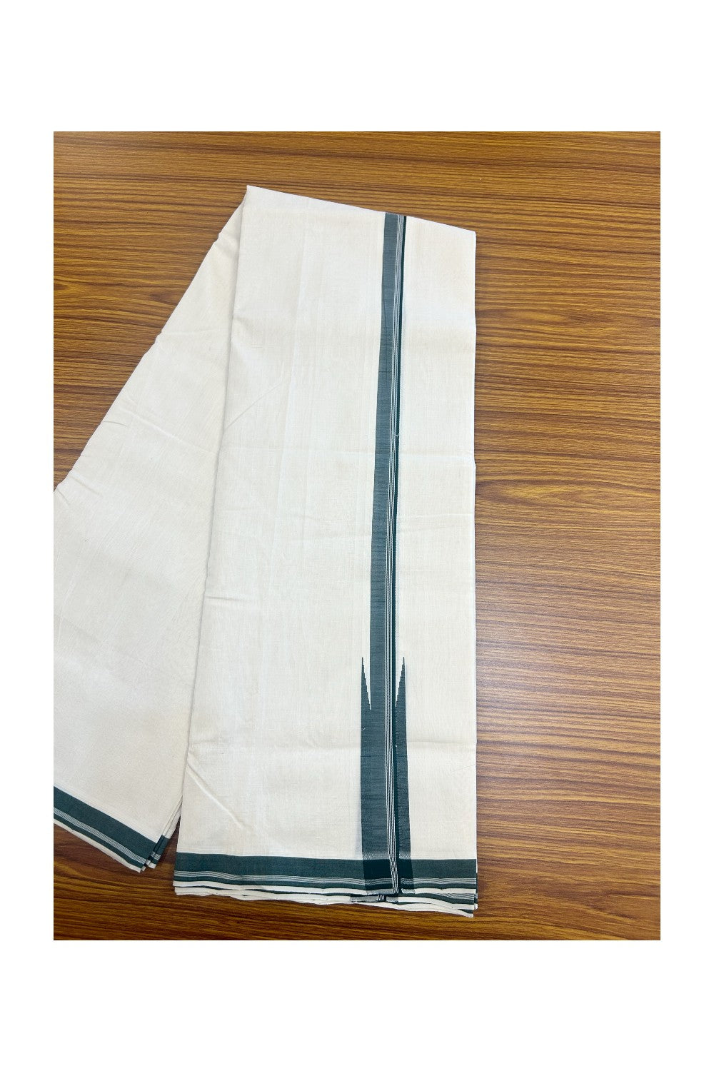 25% DISCOUNT!! KaithariKada HANDLOOM  UNAKKUPAAV Balaramapuram - 100% PURE Cotton OFF White - (Unbleached) Double Mundu/Dothi - 120(Twisted) x 100 - 1.5 inch Green shaded White stripes Puliyilakkara chutty 3.80 meter (8.5 Muzham) - 20KK5167REA