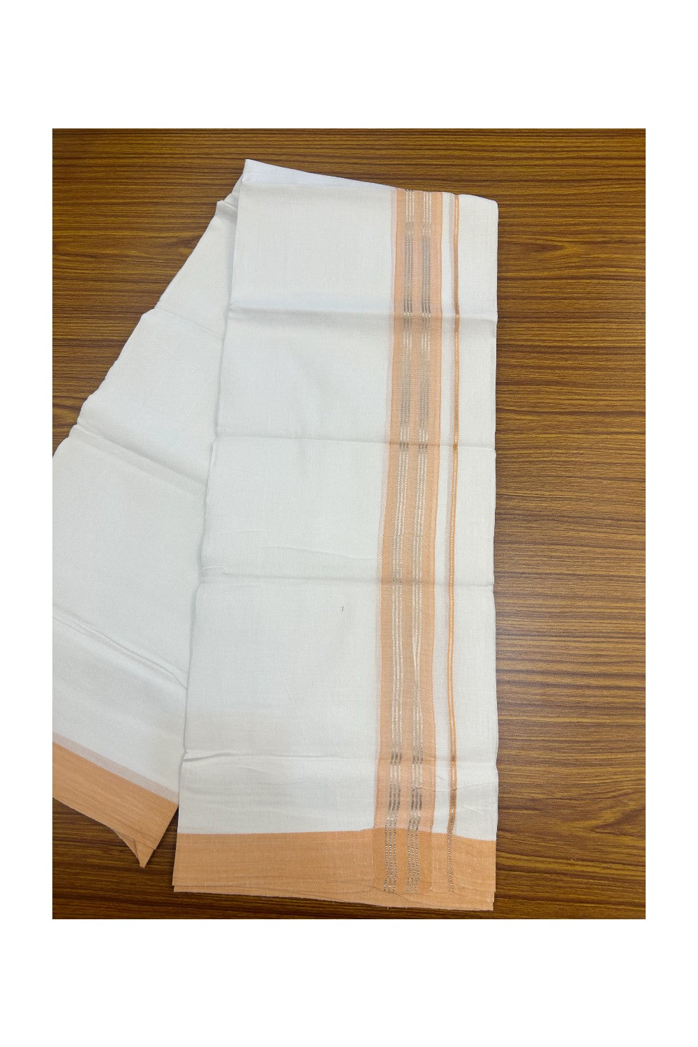 Linen Dhoti NEW! 20% Discount from Kaitharikada.com - Double Mundu/Dhoti 80x90 Thread PURE WHITE - Pure Cotton + Linen -1.75 Inch Sea Green & Silver Striped Kara - 33KK5174THI