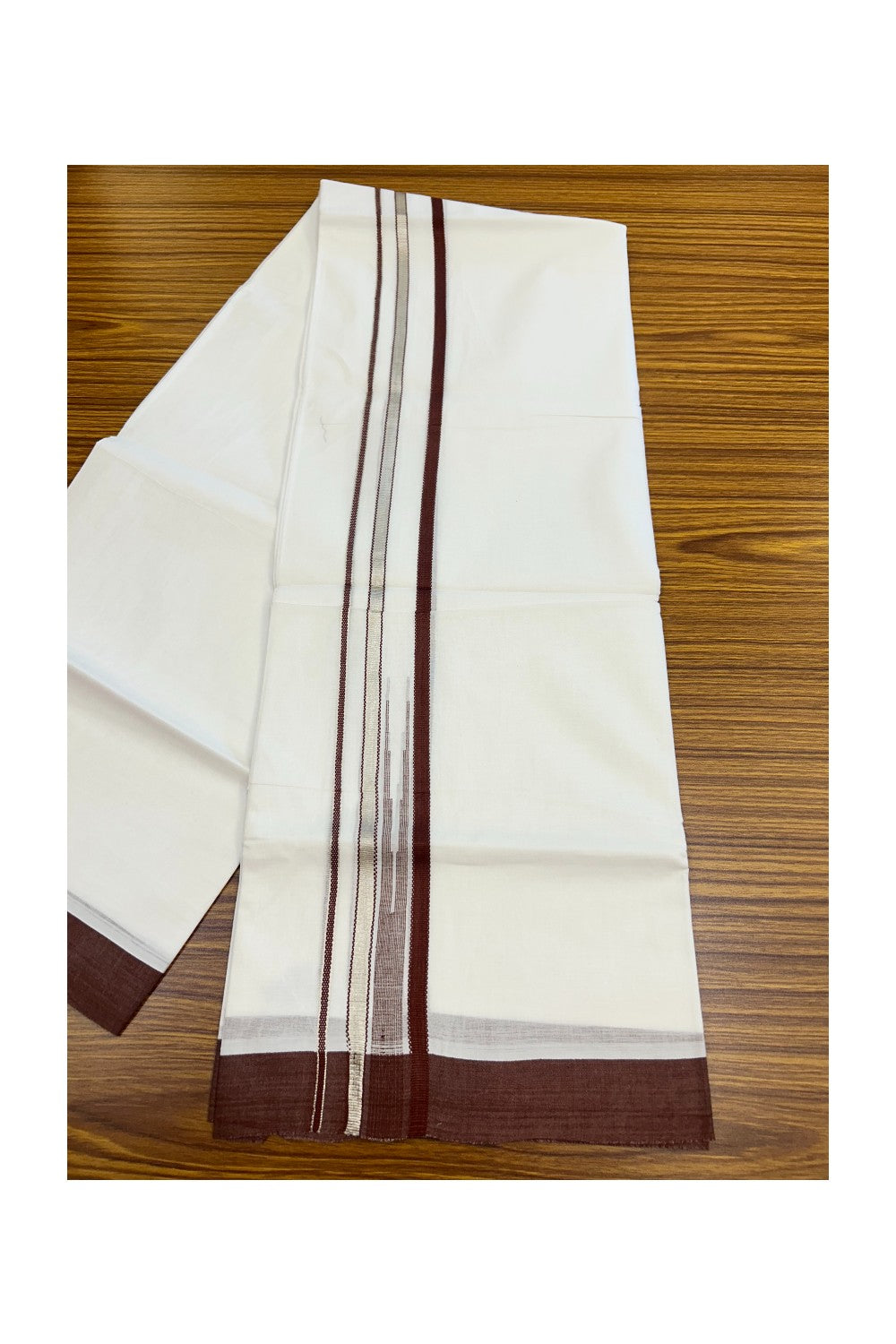 20% Discount ! Kaitharikada Balaramapuram 100% Cotton PURE WHITE Double Mundu/Dothi - 100x80 - 1.5 inch Silver Kasavu & Brownish Maroon Striped chutty kara - 33KK5183VIN