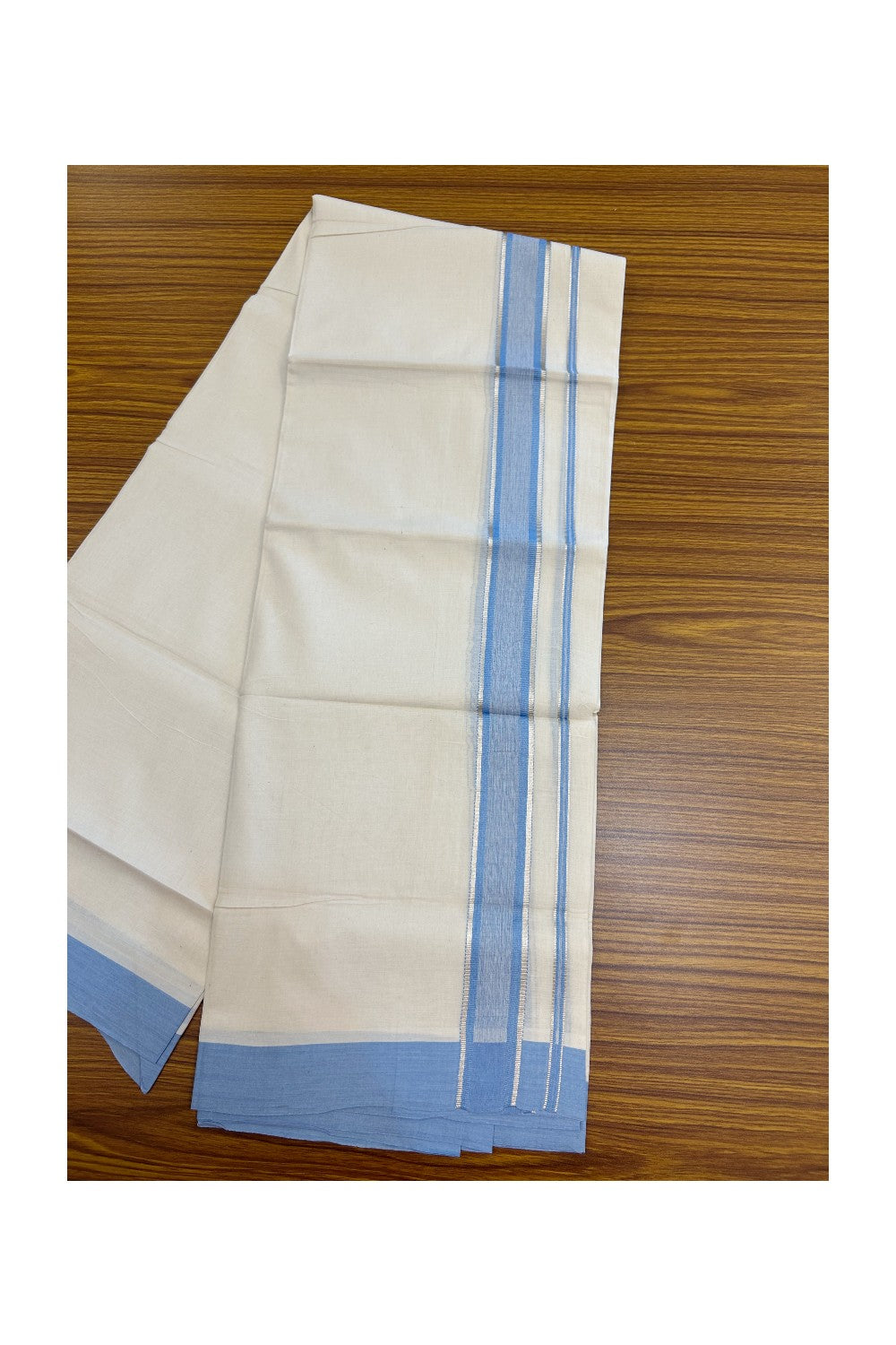 20% DISCOUNT !! KaithariKada Balaramapuram 100% Pure Cotton Double Off white - (Unbleached) Mundu/Dhoti-100x100 - 1.5 inch Puliyilakkara Silver Kasavu Light Blue Shaded Stripes Kara - 32KK5186CKS