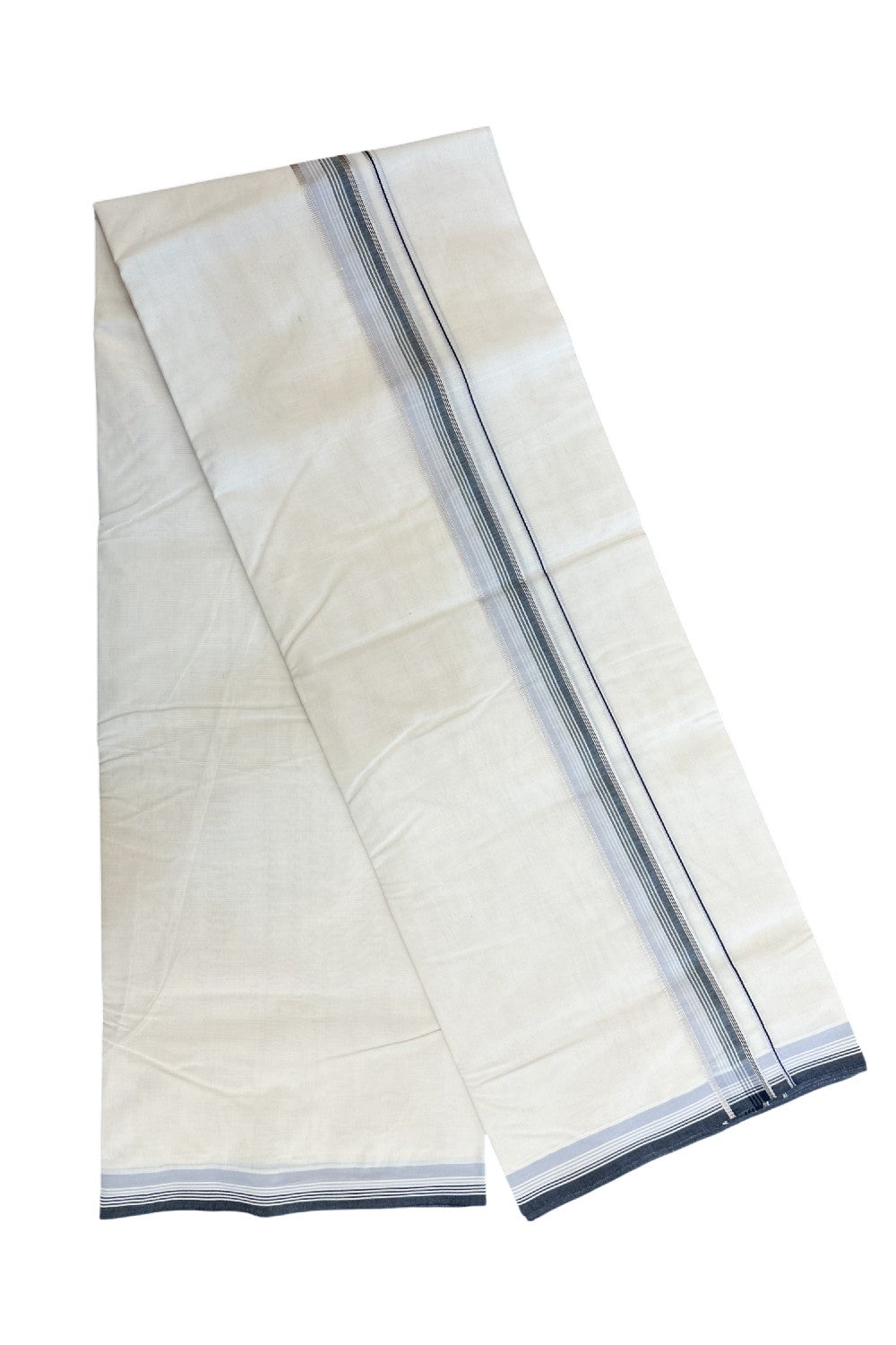 20% Discount KaithariKada Balaramapuram 100% Cotton Double Off white - (Unbleached) - Mundu/Dhoti - 100x100 - 1.25 inch Silver Kasav & Black Light Grey Striped Kara - 33KK5218ASH