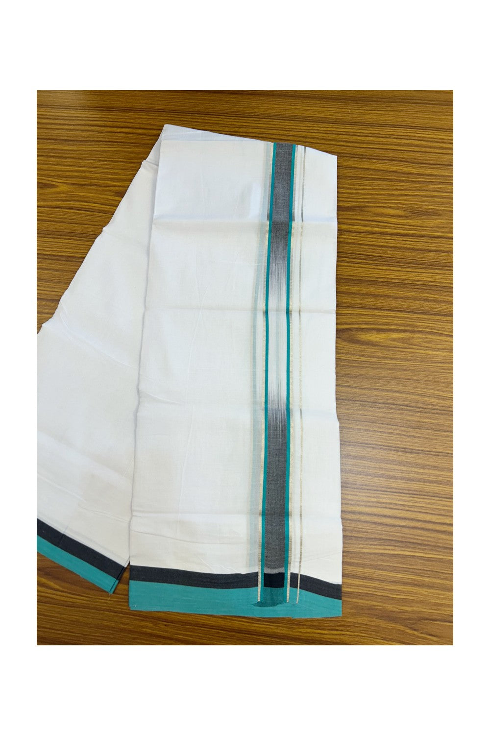 20% Discount!!! KaithariKada Balaramapuram  Double PURE WHITE RAINBOW  Mundu/Dhoti - 80X90 - 1.5 inch Black & Dark Turquoise Green Silver Striped Designer Kara 3.85 mtr (8 muzham)- 31KK5224 ASH