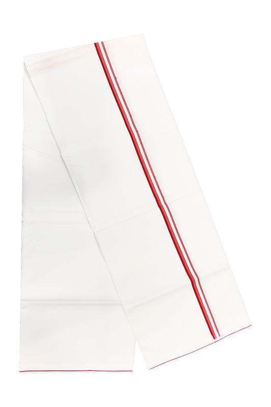 20% OFFER!! KaithariKada 100% Cotton ULTRA WHITE SINGLE Mundu/Dhoti-120X120Maroon Red 1.5 cm (2 meter / 4 muzham)Stripes Kara- 33sar