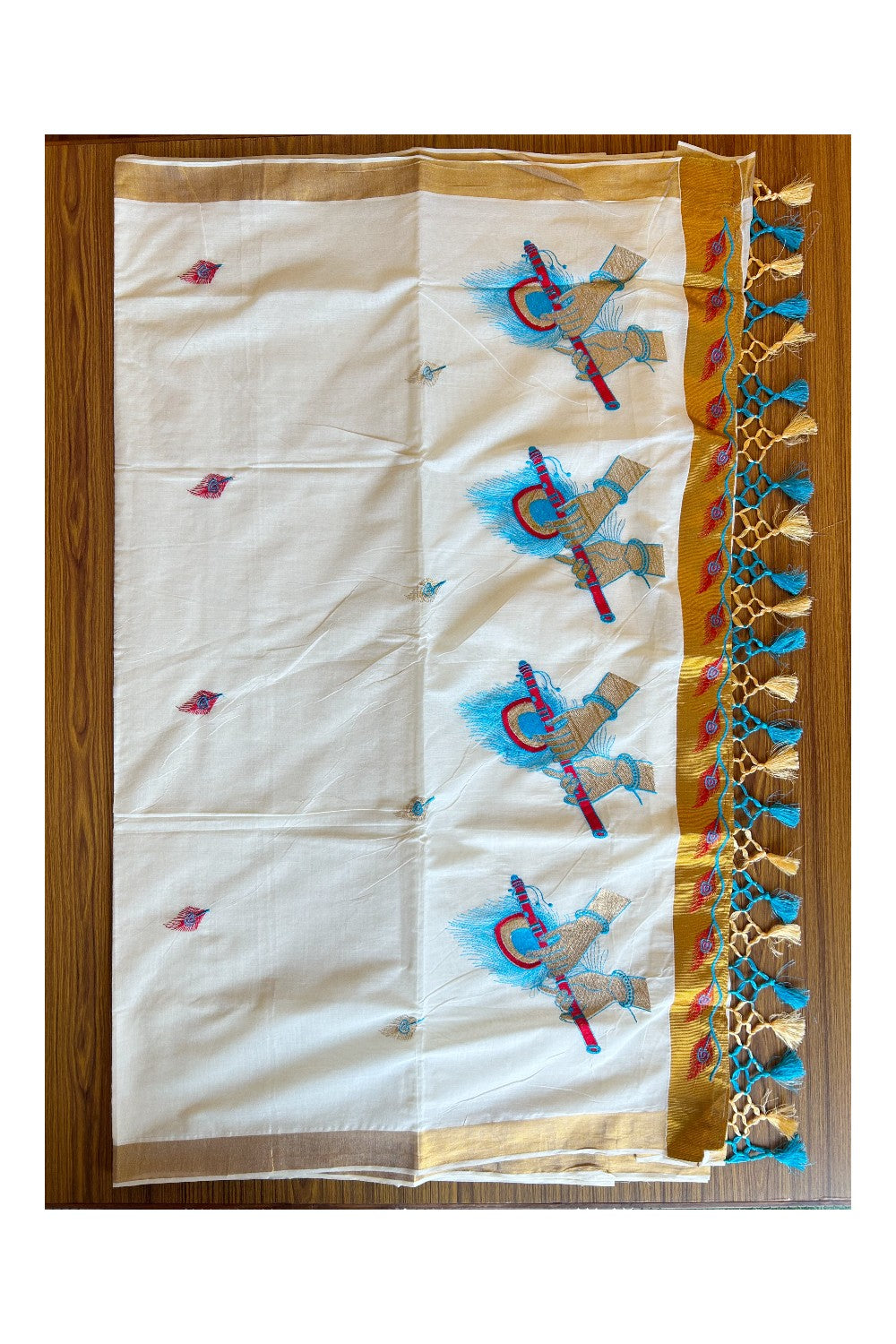 25% Discount! Kaitharikada Kerala Cotton Saree Off white - 12 inch Kasavu Zari with Red & Blue Flute Embroidery Pattern Design- 33KK303VIN