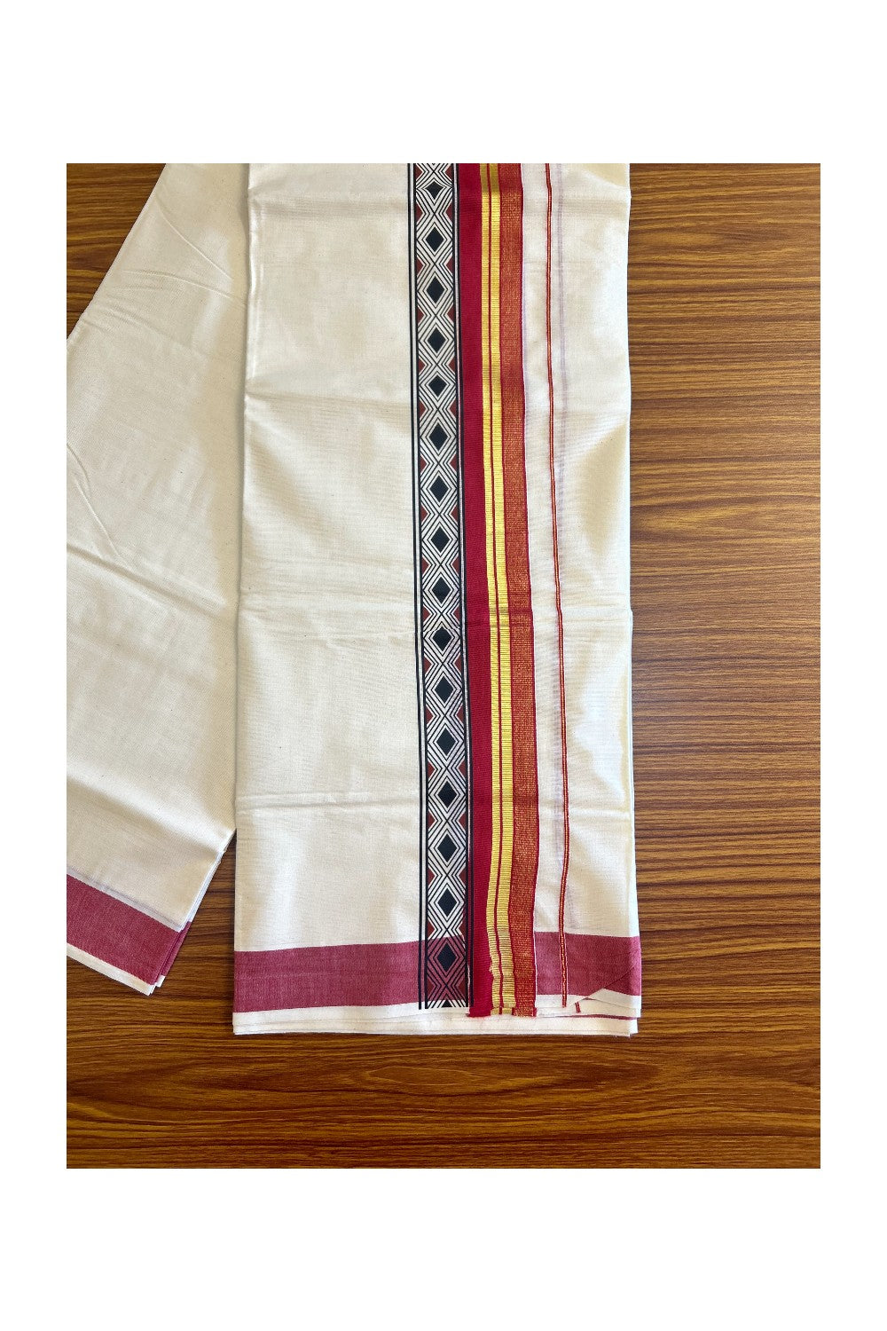 30% Discount !! KaithariKada Balaramapuram 100% Cotton Double Off white - (Unbleached)  Mundu/Dhoti-80x72- 3.25Inch Kasavu & Red Black pattern printed kara - 33KK416VIN