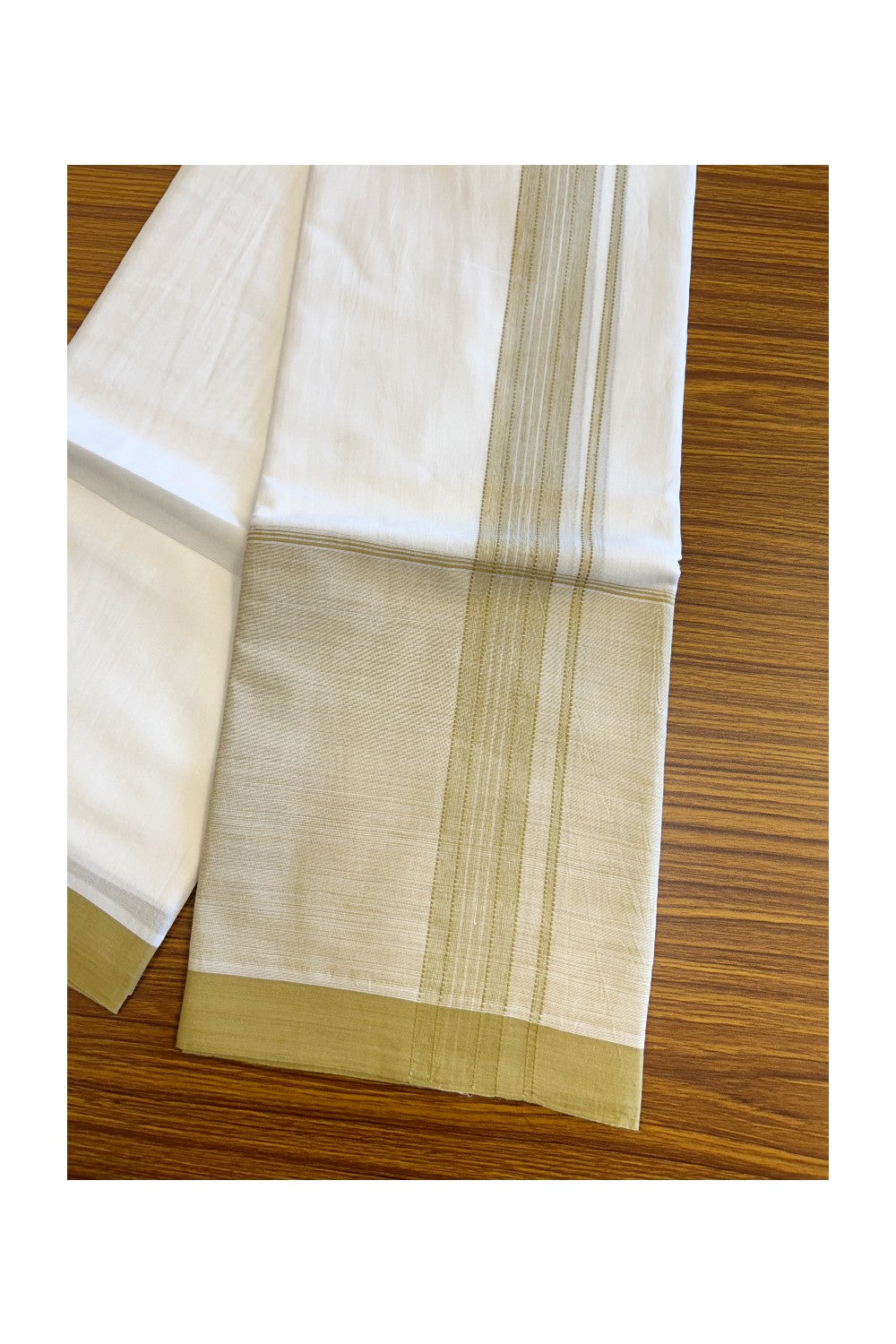 15% DISCOUNT!! Kaitharikada Balaramapuram 100% Cotton PURE WHITE Double Mundu/Dothi-100x100 - 2 Inch Light Yellow Striped Cotton Kara 3.75m (8 Muzham) - 33KK5067KK