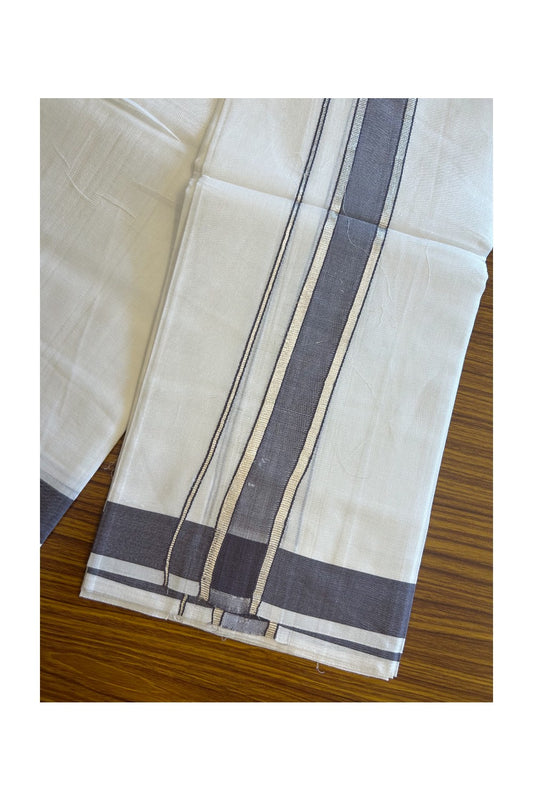 20% DISCOUNT! KaithariKada Balaramapuram 100% Mercerised Cotton Double ULTRA PURE white Mundu/Dhoti - 100x100  2.25 inch Silver Kasavu & Ash purple Kara - 33KK5108GAN