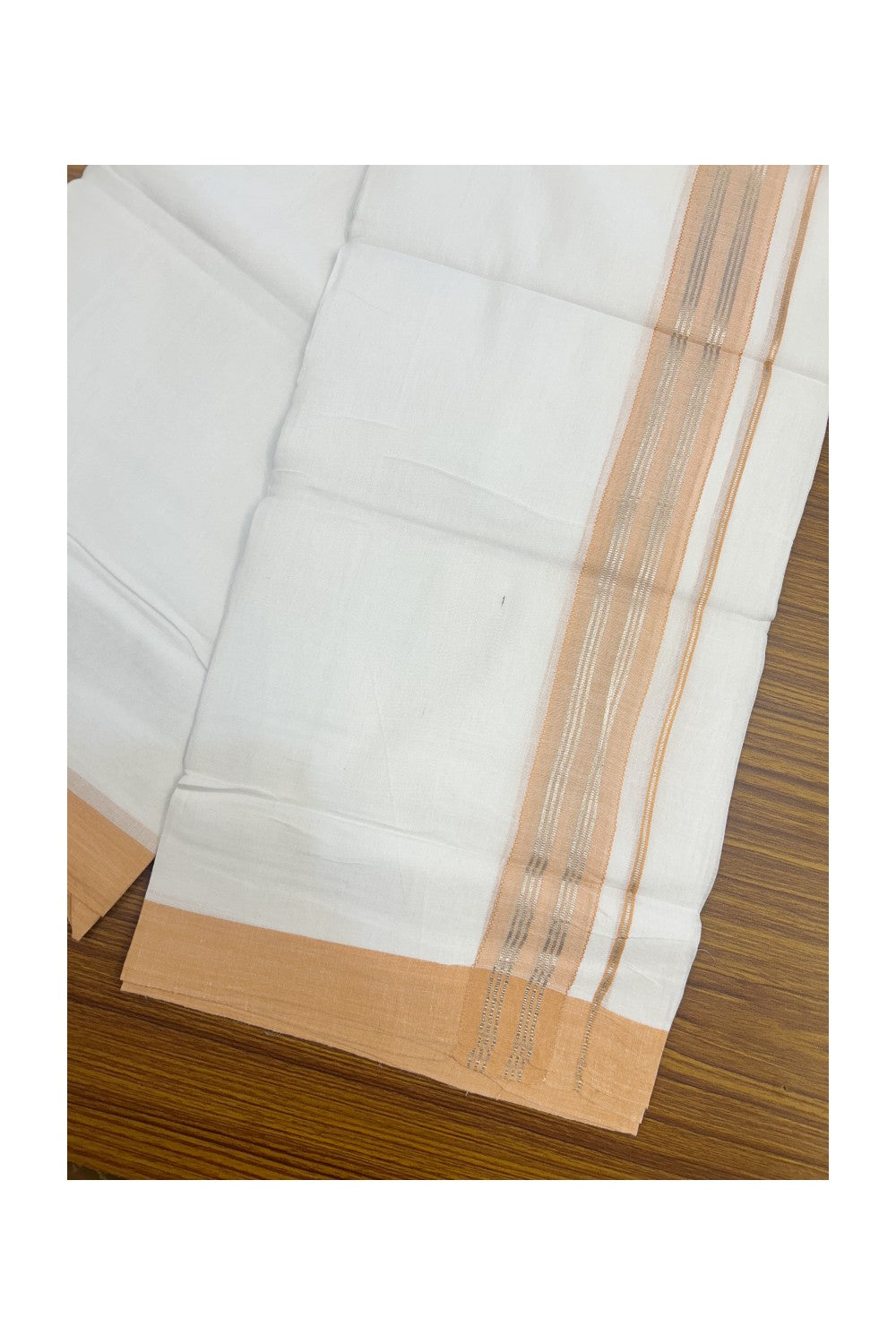 Linen Dhoti NEW! 20% Discount from Kaitharikada.com - Double Mundu/Dhoti 80x90 Thread PURE WHITE - Pure Cotton + Linen -1.75 Inch Sea Green & Silver Striped Kara - 33KK5174THI