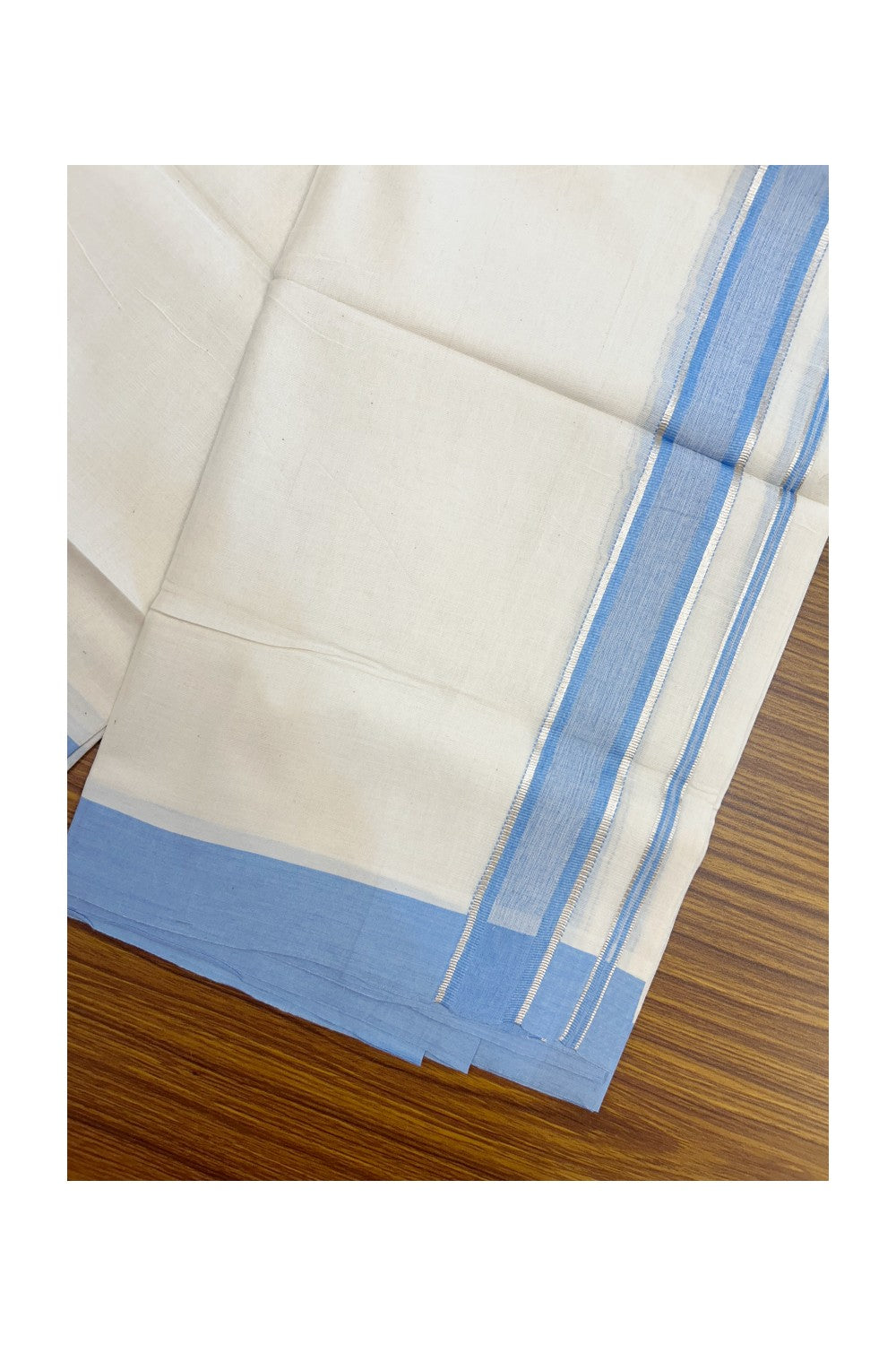 20% DISCOUNT !! KaithariKada Balaramapuram 100% Pure Cotton Double Off white - (Unbleached) Mundu/Dhoti-100x100 - 1.5 inch Puliyilakkara Silver Kasavu Light Blue Shaded Stripes Kara - 32KK5186CKS