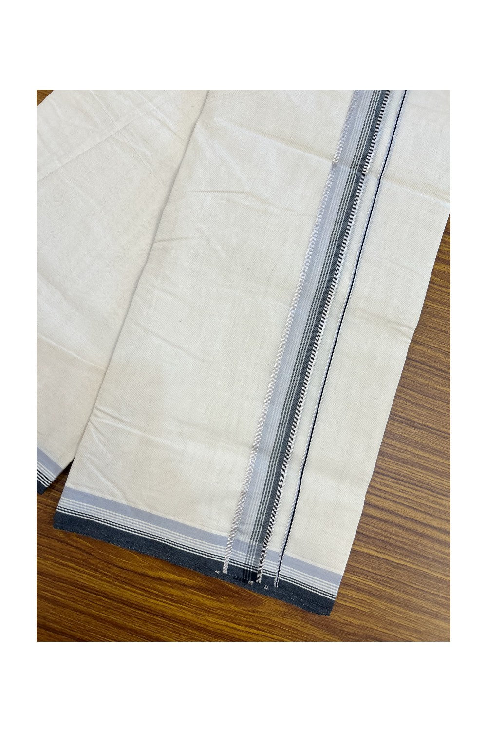 20% Discount KaithariKada Balaramapuram 100% Cotton Double Off white - (Unbleached) - Mundu/Dhoti - 100x100 - 1.25 inch Silver Kasav & Black Light Grey Striped Kara - 33KK5218ASH