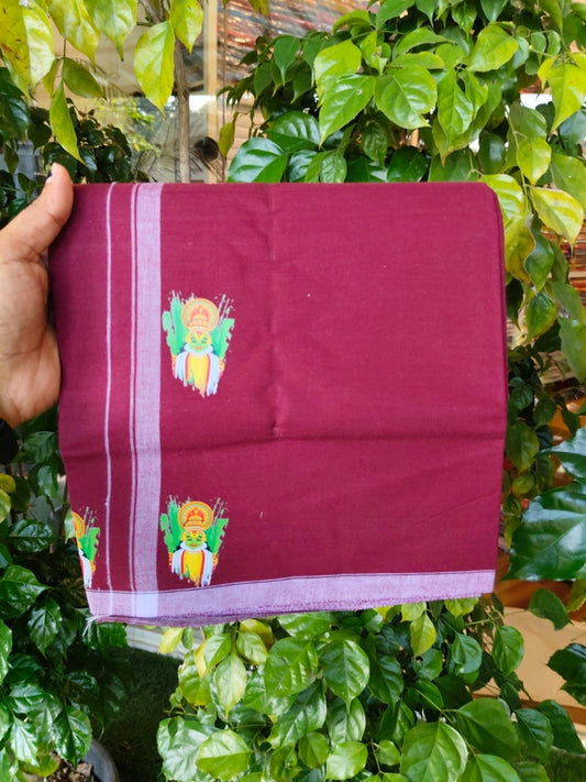 9% Discount !! Kaitharikada Pure Cotton - Single Kaily / Lungi - (40s) - 0.5 inch Theyyam Kadhakali Printed Design kara with Maroon colour body (2 meter / 4 muzham) - 29 KK8028 GAN
