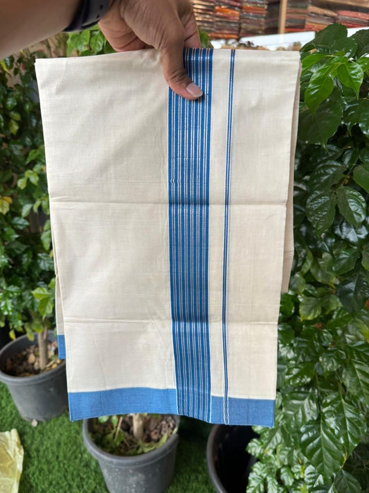20% Discount! KaithariKada Balaramapuram 100% Cotton Off white Double Mundu/Dhoti - (100x80)S - 1.75 inch Blue & Silver Kasav Striped Kara - 4mtr (8.5muzham) - 79 KK5255 VAS