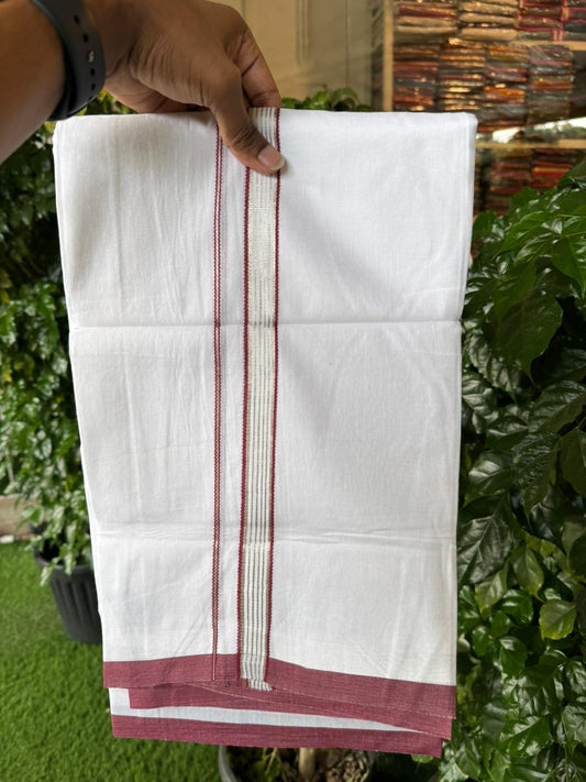 20% Discount ! Kaitharikada Balaramapuram 100% Cotton Pure White Double Mundu/Dothi - 100x80 - 0.75 inch Silver Kasav & Maroon Striped Kara 4 mtr (8.5 muzham) - 57 KK5255 VAS