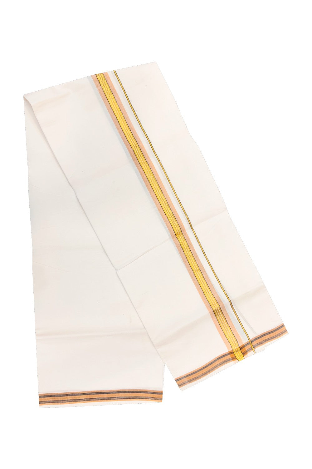 25% OFFER! KaithariKada 100% Cotton Balaramapuram HANDLOOM Single PURE WHITE Mundu/Dhoti - 1.75 inch (2 meter / 4 muzham) Light Brown Kasavu Kara & Stripes Design - 34KAI.