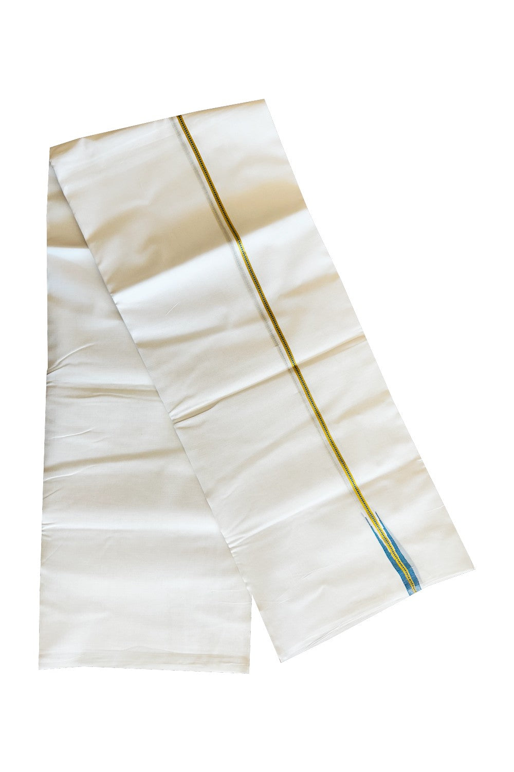 23% DISCOUNT!! KaithariKada Balaramapuram 100% Cotton PURE WHITE Double Mundu/Dhoti-100x100  0.5 inch  Puliyilakkara  MUTHUKKURI Sky Blue AND   KASAVU Chutty Pattern KARA.