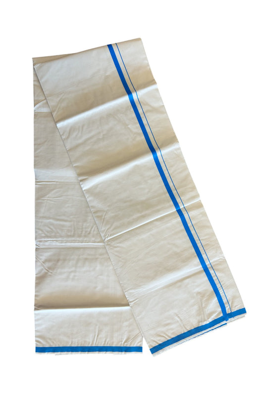 10% DISCOUNT ! KaithariKada Balaramapuram 100% Cotton Single Off white (Unbleached) Mundu/Dhoti - 100X100 - 2 cm (2 meter / 4 muzham)BLUE Kara - 8KK76MC.