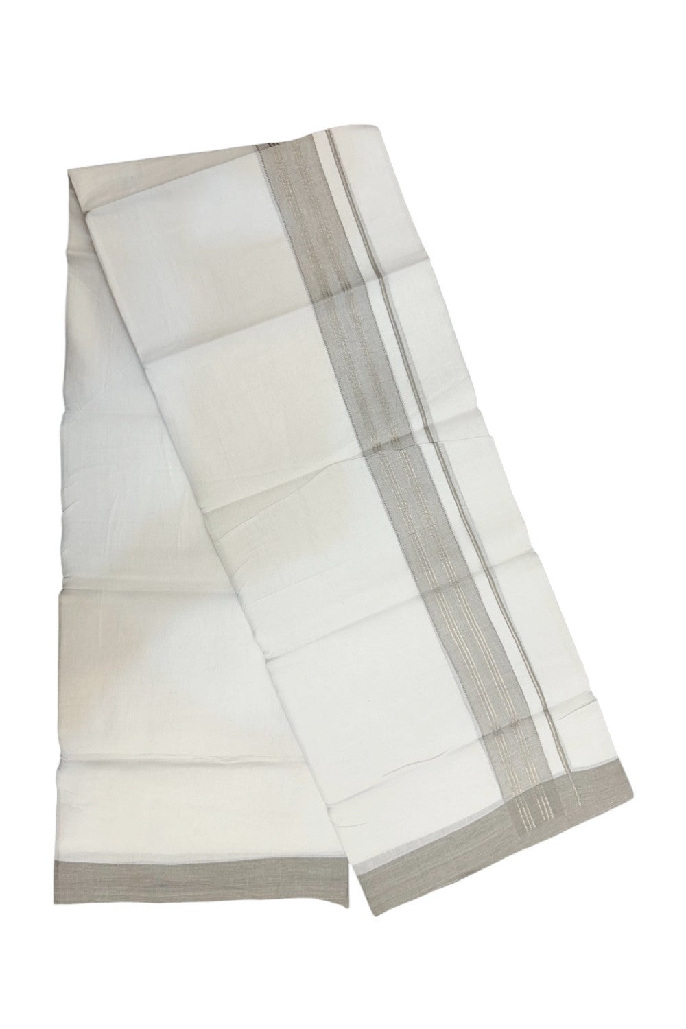 Linen Dhoti NEW! 20% Discount from Kaitharikada.com - Double Mundu/Dhoti 80x90 Thread PURE WHITE - Pure Cotton + Linen -1.75 Inch Ash Grey & Silver Striped Kara - 34KK5174THI