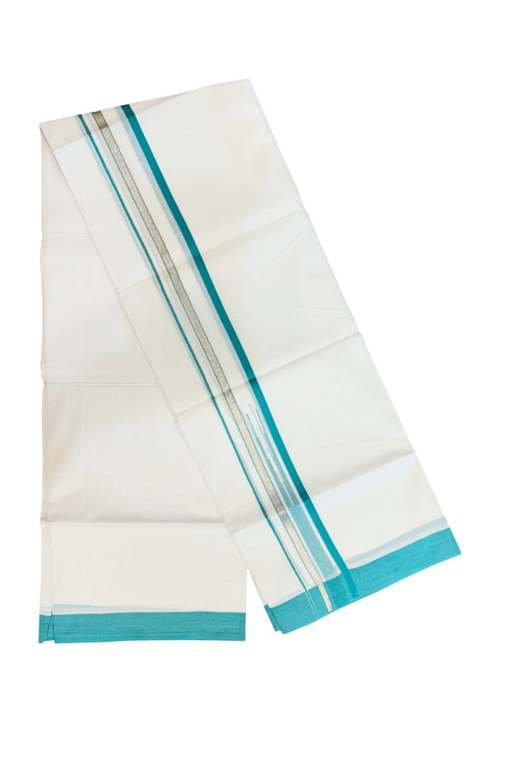 20% Discount ! Kaitharikada Balaramapuram 100% Cotton PURE WHITE Double Mundu/Dothi - 100x80 - 1.75 inch Silver Kasavu & Turquoise Green Striped chutty kara - 34KK5183VIN