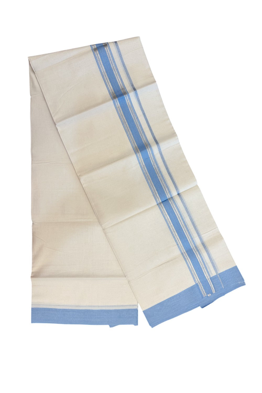 20% DISCOUNT !! KaithariKada Balaramapuram 100% Pure Cotton Double Off white - (Unbleached) Mundu/Dhoti-100x100 - 1.5 inch Puliyilakkara Silver Kasavu Light Blue Shaded Stripes Kara - 33KK5186CKS