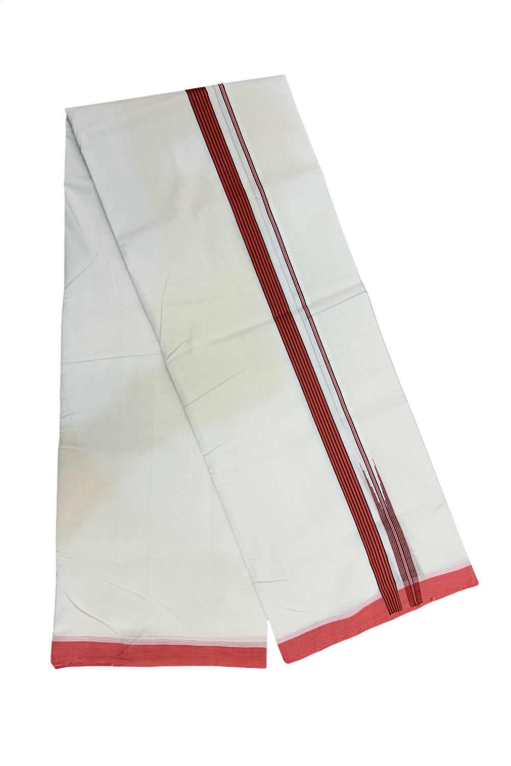 25% DISCOUNT!! KaithariKada HANDLOOM  UNAKKUPAAV Balaramapuram - 100% PURE Cotton OFF White - (Unbleached) Double Mundu/Dothi - 80X100 - 0.75 inch Puliyilakkara Reddish Peach & Black Striped Chutty Kara 3.80 meter (8.5 Muzham) - 34KK5209 REA
