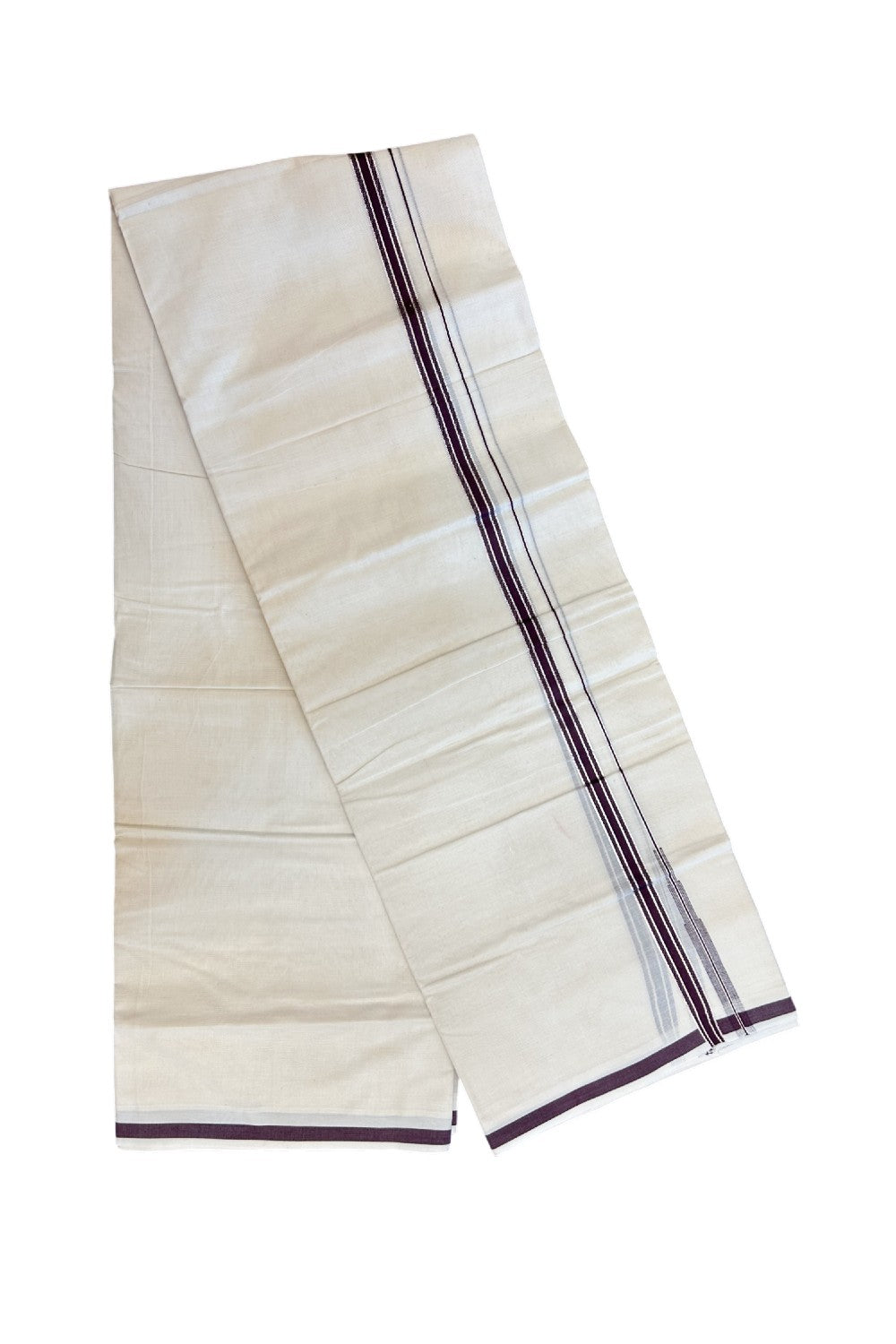 20% Discount ! KaithariKada Balaramapuram 100% Cotton Double OFF WHITE - (Unbleached) - Mundu / Dhoti- 100x80 - 1.5 cm Silver kasavu Wine Purple Puliyilakkara chutty - 34KK5213 VIN