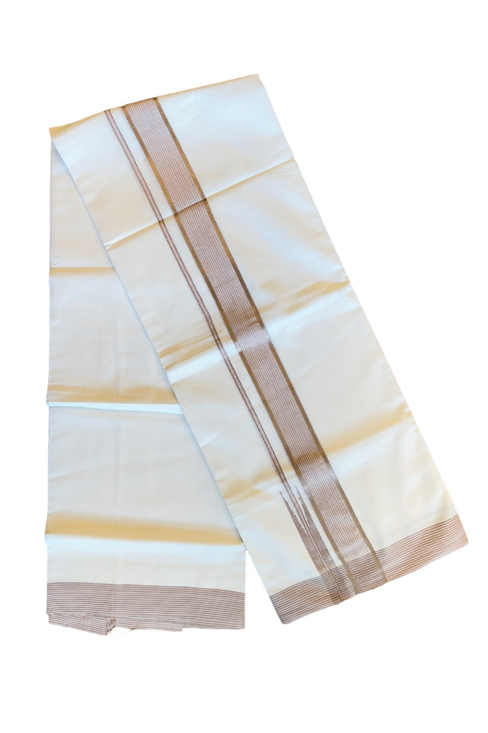 21% DISCOUNT! KaithariKada Balaramapuram 100% Cotton PURE WHITE Double Mundu/Dhoti-100x92 Puliyilakkara Chutty 1.75 Inch BROWN & SILVER STRIPED Cotton Kara - 34KK84CEE