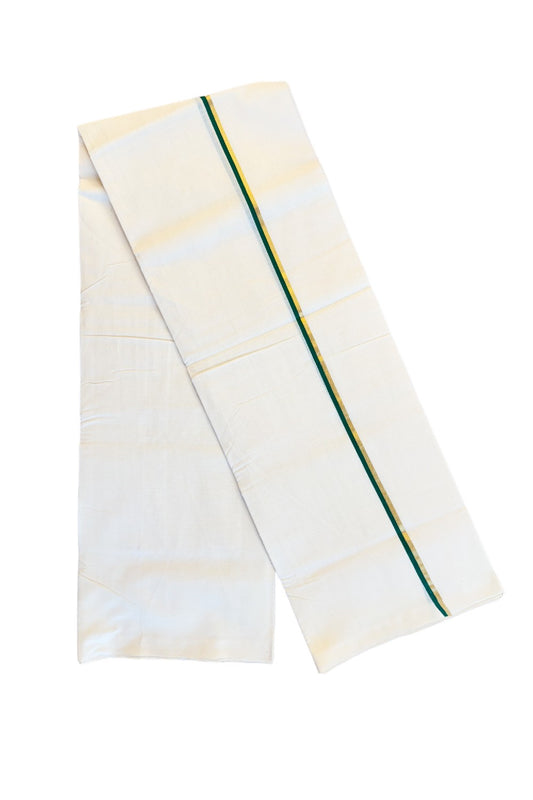 25% DISCOUNT!! KaithariKada HANDLOOM Unakkupaavu Balaramapuram - 100% PURE Cotton OFF White (Unbleached) Double Mundu/Dothi - GREEN + GOLD  KASAVU 2.cm Kara- KK46SOM-34