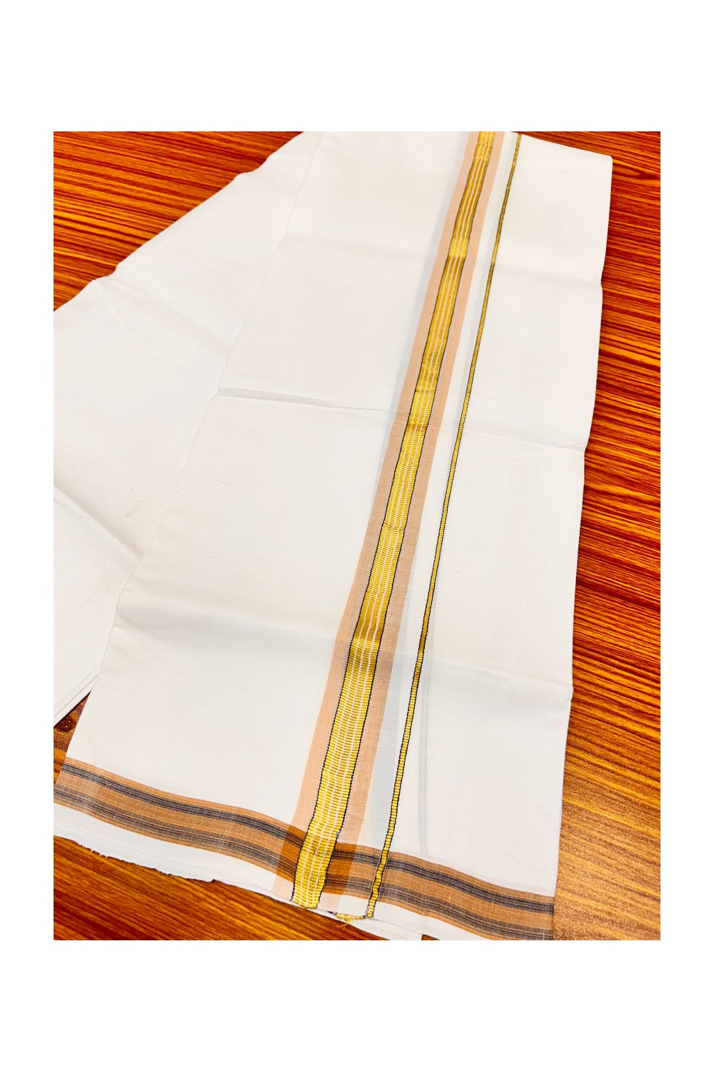 25% OFFER! KaithariKada 100% Cotton Balaramapuram HANDLOOM Single PURE WHITE Mundu/Dhoti - 1.75 inch (2 meter / 4 muzham) Light Brown Kasavu Kara & Stripes Design - 34KAI.