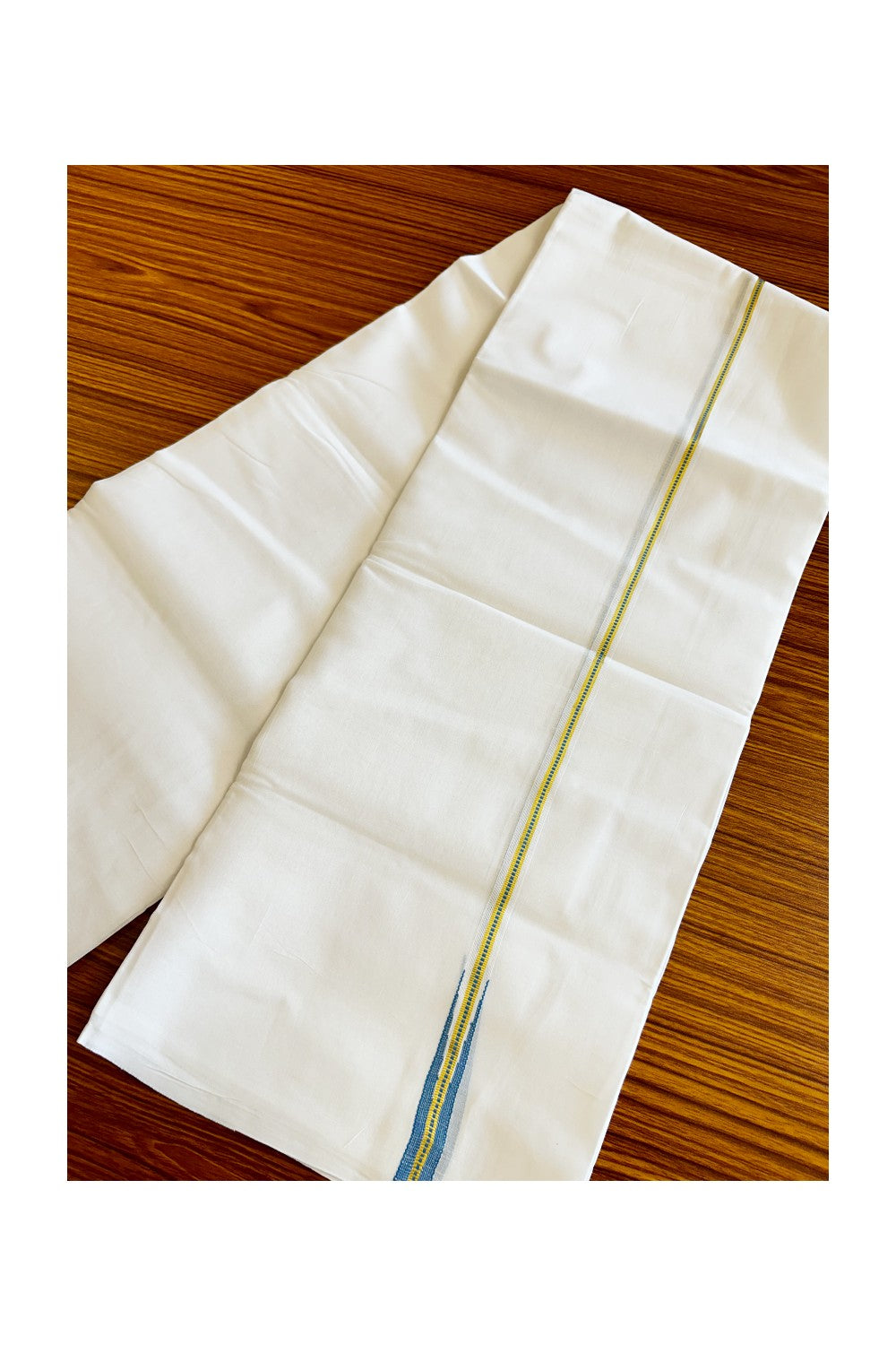 23% DISCOUNT!! KaithariKada Balaramapuram 100% Cotton PURE WHITE Double Mundu/Dhoti-100x100  0.5 inch  Puliyilakkara  MUTHUKKURI Sky Blue AND   KASAVU Chutty Pattern KARA.
