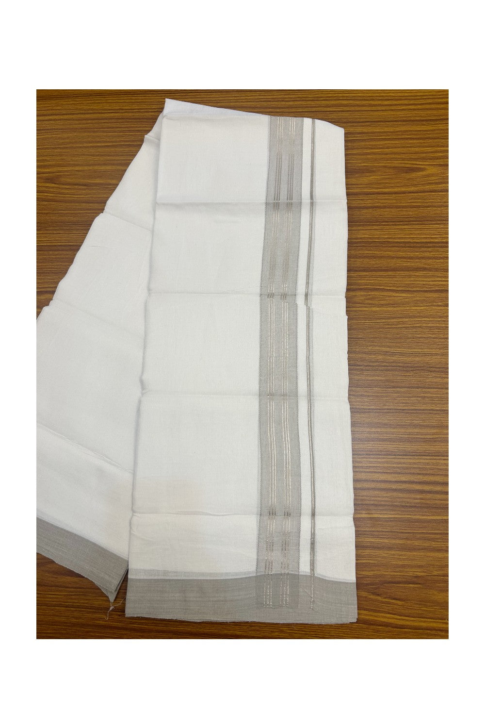 Linen Dhoti NEW! 20% Discount from Kaitharikada.com - Double Mundu/Dhoti 80x90 Thread PURE WHITE - Pure Cotton + Linen -1.75 Inch Ash Grey & Silver Striped Kara - 34KK5174THI