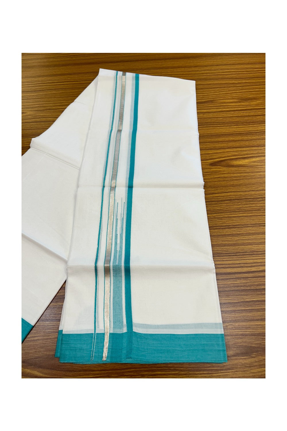 20% Discount ! Kaitharikada Balaramapuram 100% Cotton PURE WHITE Double Mundu/Dothi - 100x80 - 1.75 inch Silver Kasavu & Turquoise Green Striped chutty kara - 34KK5183VIN
