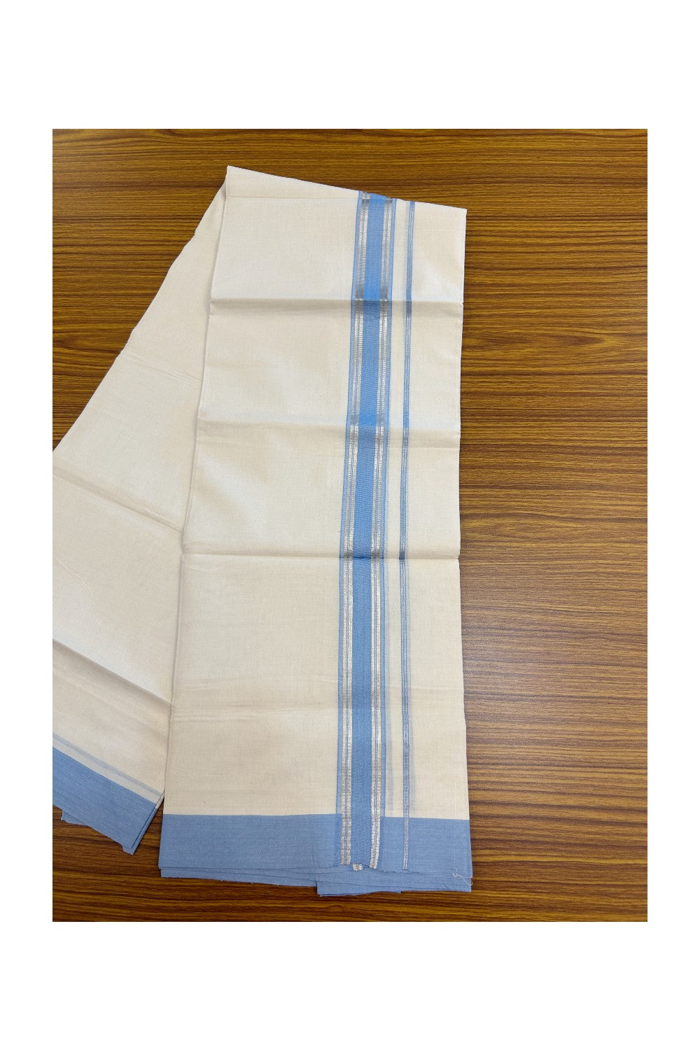 20% DISCOUNT !! KaithariKada Balaramapuram 100% Pure Cotton Double Off white - (Unbleached) Mundu/Dhoti-100x100 - 1.5 inch Puliyilakkara Silver Kasavu Light Blue Shaded Stripes Kara - 33KK5186CKS
