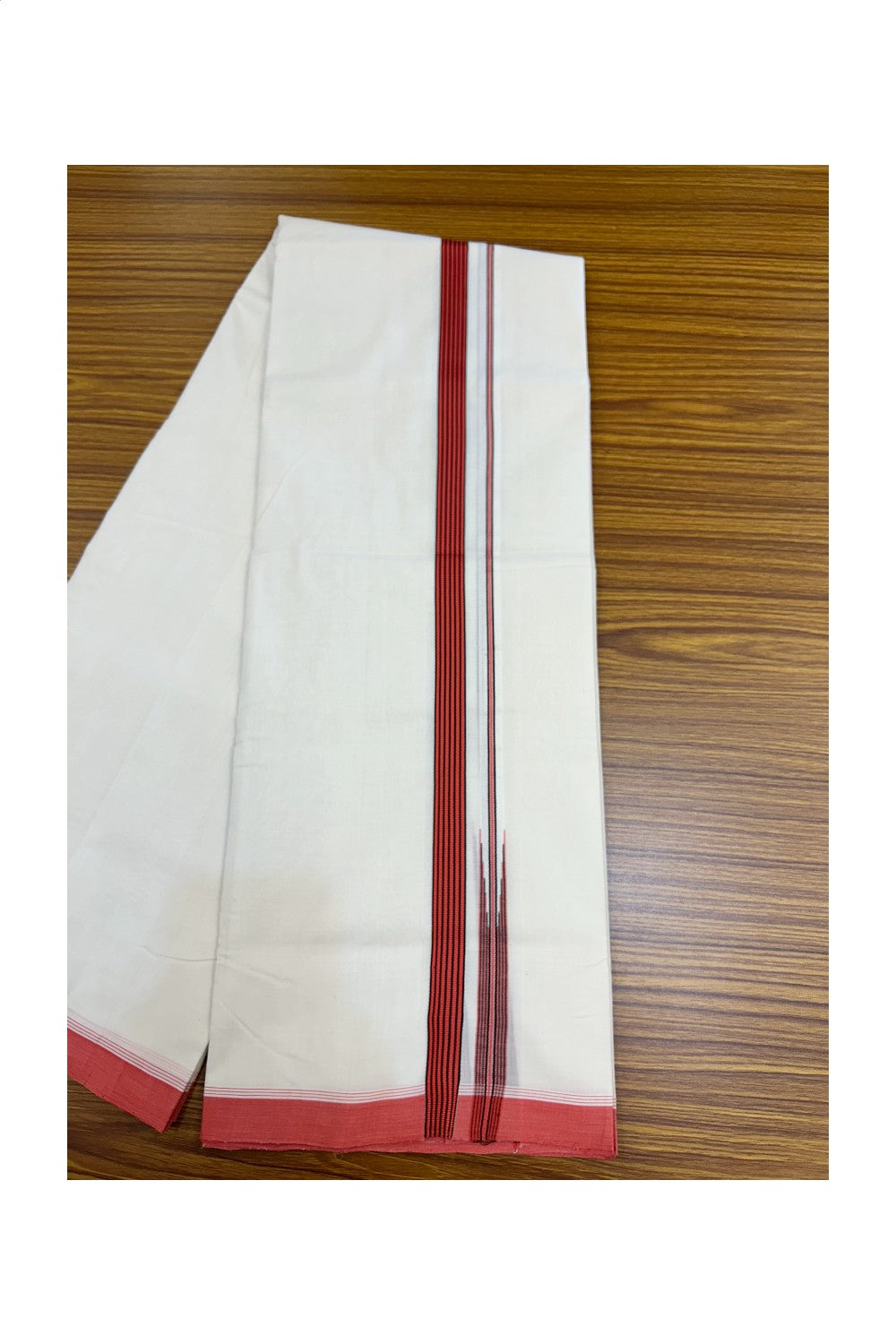 25% DISCOUNT!! KaithariKada HANDLOOM  UNAKKUPAAV Balaramapuram - 100% PURE Cotton OFF White - (Unbleached) Double Mundu/Dothi - 80X100 - 0.75 inch Puliyilakkara Reddish Peach & Black Striped Chutty Kara 3.80 meter (8.5 Muzham) - 34KK5209 REA