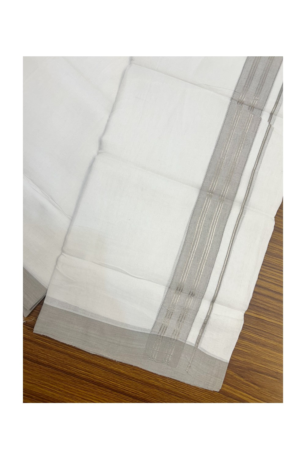 Linen Dhoti NEW! 20% Discount from Kaitharikada.com - Double Mundu/Dhoti 80x90 Thread PURE WHITE - Pure Cotton + Linen -1.75 Inch Ash Grey & Silver Striped Kara - 34KK5174THI