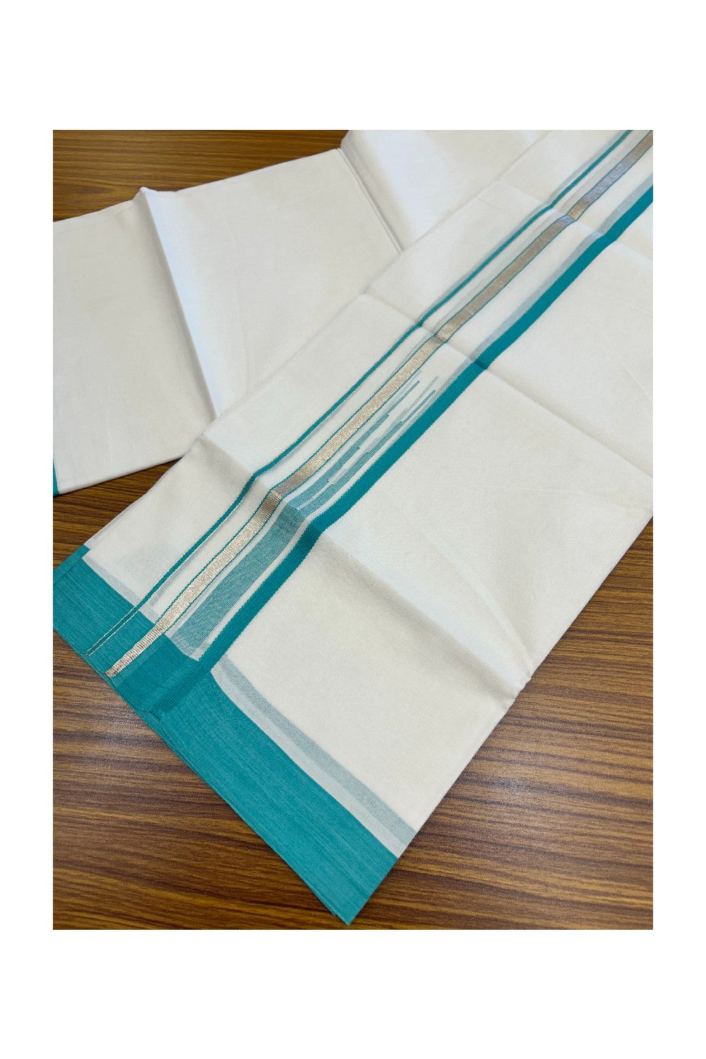20% Discount ! Kaitharikada Balaramapuram 100% Cotton PURE WHITE Double Mundu/Dothi - 100x80 - 1.75 inch Silver Kasavu & Turquoise Green Striped chutty kara - 34KK5183VIN