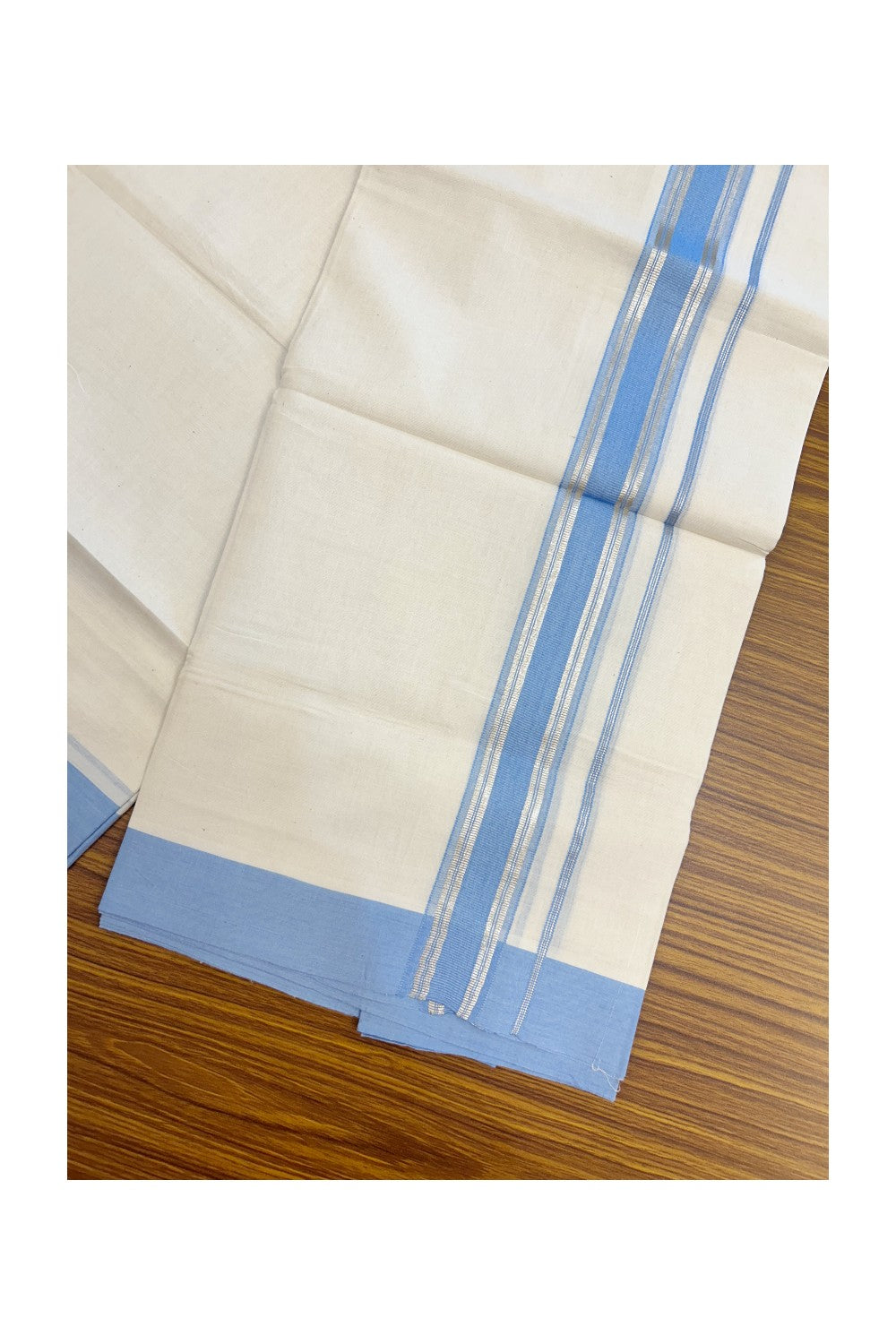 20% DISCOUNT !! KaithariKada Balaramapuram 100% Pure Cotton Double Off white - (Unbleached) Mundu/Dhoti-100x100 - 1.5 inch Puliyilakkara Silver Kasavu Light Blue Shaded Stripes Kara - 33KK5186CKS
