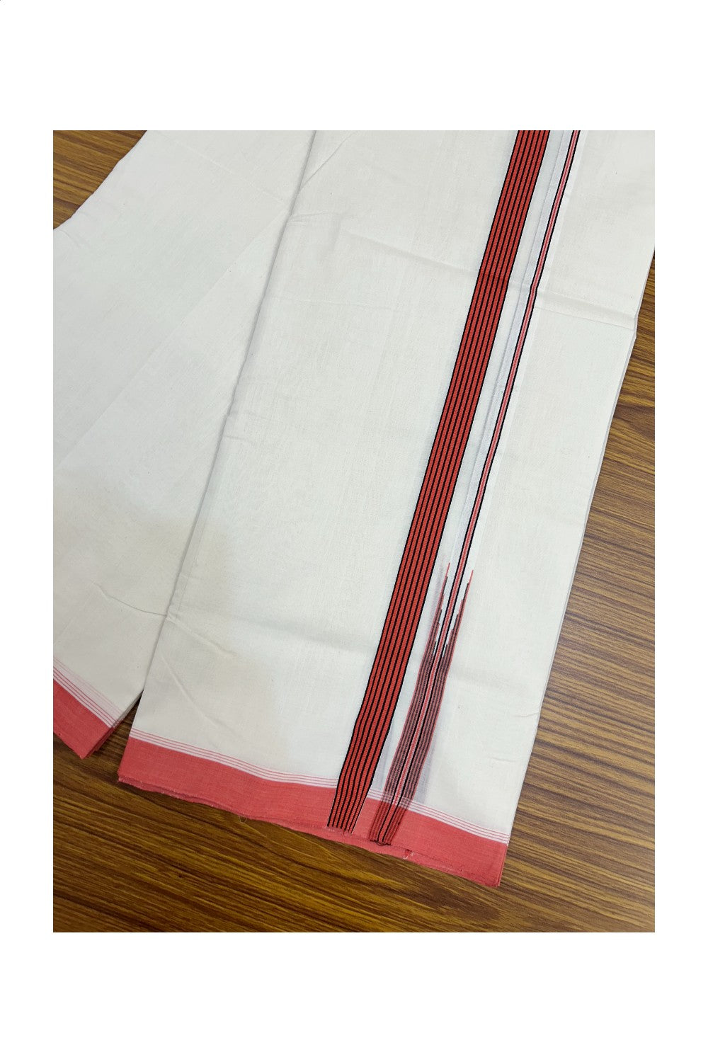 25% DISCOUNT!! KaithariKada HANDLOOM  UNAKKUPAAV Balaramapuram - 100% PURE Cotton OFF White - (Unbleached) Double Mundu/Dothi - 80X100 - 0.75 inch Puliyilakkara Reddish Peach & Black Striped Chutty Kara 3.80 meter (8.5 Muzham) - 34KK5209 REA